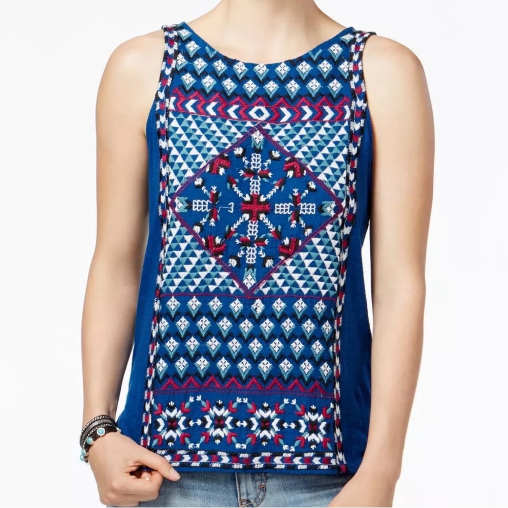 Lucky Brand Women's Geometric Embroidered Sleeveless Knit Top Multicolor XL
